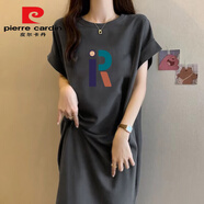 皮爾卡丹（pierre cardin）灰色純棉開叉連衣裙2025新款女夏大碼女裝胖mm顯瘦寬松短袖t恤裙 灰色(彩色R字母)今年流行的輕奢 M 85-105斤