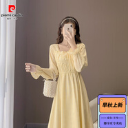 皮爾卡丹（pierre cardin）秋季新款氣質(zhì)溫柔洋派少女公主風修身顯瘦約會長裙黃色雪紡洋裝 淺黃色 XS 現(xiàn)貨