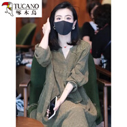 啄木鳥洋派感洋裝春季2025新款女裝歐洲站赫本風(fēng)長裙時尚減齡裙子 軍綠色 M -115斤