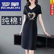 羅蒙（ROMON）輕純棉短袖A字裙子女連帽連衣裙夏季女中長款休閑運動T恤裙女 黑色愛心燙鉆】 L