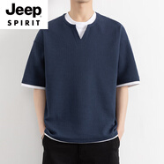 JEEP SPIRIT夏季華夫格假兩件短袖t恤男2025新款美式潮牌V領(lǐng)亨利領(lǐng)半袖體恤衫 25176藏青色 M 建議90-115斤