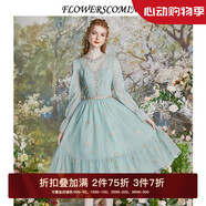 flowerscoming2024春季新款法式復(fù)古V領(lǐng)刺繡網(wǎng)紗連衣裙女高腰顯瘦中長(zhǎng)款公主裙 綠色 S
