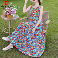 皮爾卡丹（pierre cardin）夏季新款法式無袖吊帶棉綢連衣裙女大擺沙灘裙多巴胺風 12號 XL 建議90-115斤