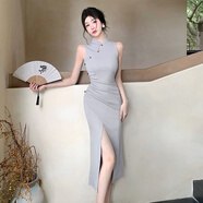 燦沛夜店戰(zhàn)袍女新中式國風(fēng)立領(lǐng)無袖開叉改良旗袍裙復(fù)古性感褶皺修 淺灰色 S