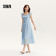 森馬（Semir）【連衣裙合輯】夏天女法式慵懶風(fēng)裙子復(fù)古學(xué)院風(fēng)針織裙雪紡碎花裙 V款小飛袖長裙-粉藍(lán)80001 M