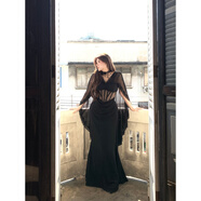 貓容安妮不火銀戒吻痕氣質(zhì)魚(yú)骨雪紡女神拖尾裙女新款微胖大碼半透視裙 黑色拖尾裙_現貨 XL