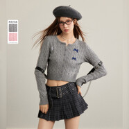 UNIFREE蝴蝶結針織開(kāi)衫女美式辣妹學(xué)院風(fēng)短款小個(gè)子修身上衣 灰色  M 