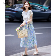 法貝莎品牌碎花半身裙套裝女夏2025新款設(shè)計(jì)感顯瘦上衣松緊腰半裙兩件套 杏色+藍(lán)/多色 M