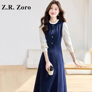 Z.R.Zoro奢侈品連衣裙女2025秋季新款復古拼接假兩件裙法式赫本風連衣裙女 藏青色 L