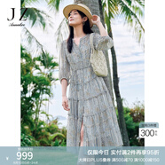 玖姿·安娜蔻優(yōu)雅民族風(fēng)多層雪紡蛋糕裙收腰連衣裙女2025夏季新款 花紋藍(lán)色 L