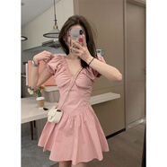 冉藝嵐同款Veee初夏甜茶 粉色顯瘦V領(lǐng)泡泡袖設計感褶皺辣妹短款法式連衣 甜茶粉 S