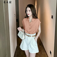 范哲莎單件/套裝女夏季年新款坎肩襯衫上衣+休閑短褲子時(shí)尚兩件套潮 藕咖色上衣+杏色短褲(+皮帶) S 80-95斤