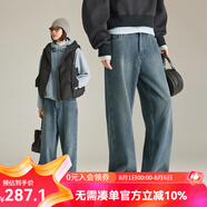 雲(yún)上生活「暖絨牛仔褲」加絨寬松直筒闊腿褲秋冬褲子N9191X 牛仔藍 28 （建議115-130斤左右）