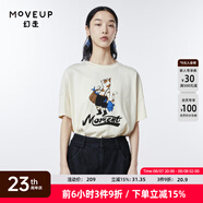 幻走（MOVEUP）夏季新款.FUN系列 圓領落肩袖貓咪印花設計感短款T恤女 奶油白 L