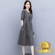 素訂棉麻連衣裙女2025春夏季新款寬松遮肚子顯瘦洋氣減齡薄款 灰色 [棉麻】 L 建議100-115斤