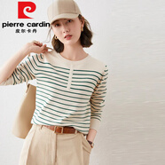 皮爾卡丹（pierre cardin）條紋長袖打底針織衫秋冬毛衣女短款韓版寬松羊毛休閑內(nèi)搭打底衫女 綠色 S