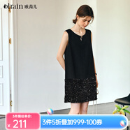 Olrain歐芮兒法式黑色連衣裙女春季2025新款無袖拼接亮片短裙 黑色 S