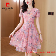 皮爾卡丹（pierre cardin）小個子碎花雪紡連衣裙女夏季2025新款媽媽裝氣質(zhì)收腰顯瘦洋氣裙子 粉色 XL 建議90-105斤
