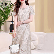 Z.R.Zoro奢侈品連衣裙女2025夏季新款高級感不規(guī)則雪紡連衣裙刺繡網(wǎng)紗裙子 香檳色 M