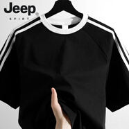 JEEP SPIRIT純色百搭短袖T恤男夏季ins潮牌經(jīng)典三條杠插肩袖寬松休閑情侶體恤 Y01-黑色純棉短袖 L