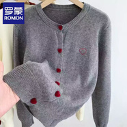 羅蒙（ROMON）日韓系愛心扣子刺繡針織衫女開衫女春秋休閑百搭紅色毛衣女上衣 灰色 均碼 建議80-140斤