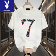 花花公子（PLAYBOY）美式短袖棉體恤男女2025夏季潮流數字7寬松T恤男士半袖圓領(lǐng)上衣 白色【前中圖K6032 大圖-腰果7 M 建議100-120斤