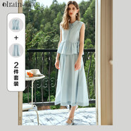 Olrain【氣質(zhì)無(wú)袖通勤套裙】小衫+半身裙兩件套夏季女裝套裝 淺藍色 L