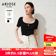 艾諾絲雅詩商場同款ariose夏季新品時髦修身方領(lǐng)短袖T恤針織衫女30438197 黑色 S