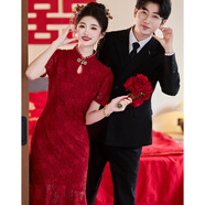 帕絲特【新娘禮服】蕾絲復(fù)古中式旗袍結(jié)婚訂婚喜慶回門(mén)禮服裙紅色2XL