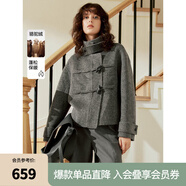 ELLE【巴黎系列】駱駝絨牛角扣毛呢外套女2024冬季新款短款呢大衣 中灰 M