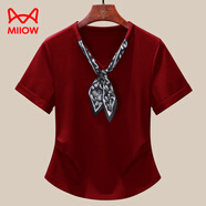 貓人（MiiOW）白色V領(lǐng)短袖女T恤2025新款夏季絲巾設計感小眾超好看氣質(zhì)上衣 車(chē)厘子紅 2XL