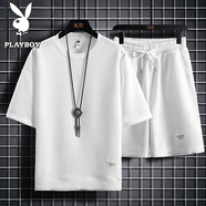 花花公子（PLAYBOY）短袖T恤男士套裝休閑兩件套純色圓領(lǐng)夏季透氣吸汗體恤男士寬松 白色 2XL （145-160斤）