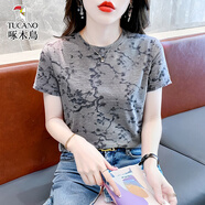 啄木鳥(niǎo)夏季純棉印花短袖女士上衣服2025新款T恤女裝復古洋氣寬松體恤衫 灰色 L (建議110-125斤)