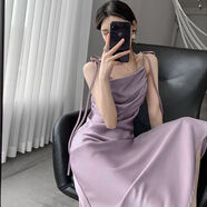 全鶯月吊帶連衣裙紫色女夏新款醋酸法式復(fù)古氣質(zhì)顯瘦兜領(lǐng)過(guò)膝中長(zhǎng)裙系帶 藕紫色 2XL