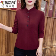 啄木鳥(niǎo)（TUCANO）德絨打底衫女秋冬裝新款洋氣媽媽長(cháng)袖t恤大碼保暖內搭立領(lǐng)上衣服 酒紅色 5XL (建議180-200斤)