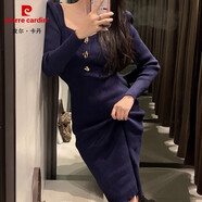 皮爾卡丹（pierre cardin）秋冬季新款港風(fēng)方領(lǐng)長(zhǎng)袖針織連衣裙修身包臀中長(zhǎng)款毛衣過膝打底裙 寶藍(lán)色 S