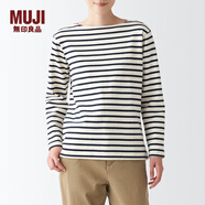 無印良品 MUJI 女式 粗棉線 天竺編織 一字領(lǐng)長袖T恤 BBD05A2S 原色條紋 XXL