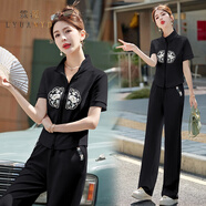 LYUANYD品牌輕奢定制運動(dòng)套裝女夏季新中式國風(fēng)高級感春秋刺繡花兩件套 黑色【短袖款】 2XL 建議125-135斤