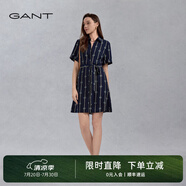 GANT/甘特女士翻領(lǐng)中長(zhǎng)裙簡(jiǎn)約復(fù)古襯衫裙字母印花收腰系帶連衣裙 433夜藍(lán)色 XL (40)