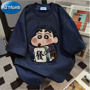 A21funb特大碼300斤蠟筆小新短袖T恤男夏季卡通可愛寬松休閑純棉潮牌上衣 藏青色 5XL 190-230斤