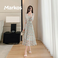 Markos藍色過(guò)膝長(cháng)袖雪紡碎花連衣裙女早春季2025新款v領(lǐng)氣質(zhì)顯瘦a字裙子 碎花 L 建議110-120斤