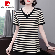 皮爾卡丹（pierre cardin）純|棉短袖t恤女夏季2025新款條紋媽|媽體恤衫大尺碼胖m|m寬松v領(lǐng) 黑杏條紋 M (建議85-105斤)