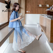 花花公子（PLAYBOY）歐若風(fēng)穿搭一整套女夏裝韓系甜美格子系帶襯衫蕾絲拼接半裙兩件套 藍色 L