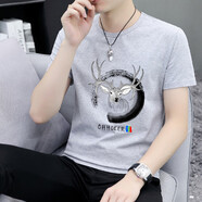 森馬（Semir）夏天純棉短袖t恤男薄款修身圓領(lǐng)休閑體恤衫潮流百搭青年男裝小衫 淺灰色(梅花鹿) 不起球 不變形 均碼 可聯(lián)系客服尺碼
