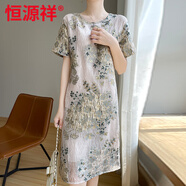 恒源祥國風(fēng)復古重工金線(xiàn)提花刺繡連衣裙女寬松大碼遮肚優(yōu)雅a字裙中裙 水墨綠 M 80-110