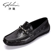 沙馳（SATCHI）男鞋新款商務(wù)休閑鞋舒適豆豆鞋一腳蹬真皮透氣時(shí)尚鴕鳥(niǎo)紋皮鞋 黑色 40