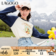 lagogo撞色拼接打底衫純棉T恤女拉谷谷復古休閑長袖百搭舒適上衣 白藏青(VM) S 155/36