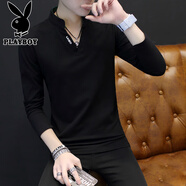 花花公子（PLAYBOY）圓領(lǐng)長袖t恤男春秋新款潮流百搭時尚休閑圓領(lǐng)衛(wèi)衣男簡約上衣男裝 黑色 M
