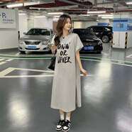 港風(fēng)T恤裙休閑寬松大碼洋氣短裙連衣裙2025夏季短袖學(xué)生懶人裙子 灰色 M