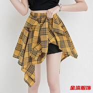 佐菲黛新款格子短裙韓版百搭春秋季不規則松緊裙高腰學(xué)生襯衫裙子舞蹈女 黃色格子帶安全褲 均碼